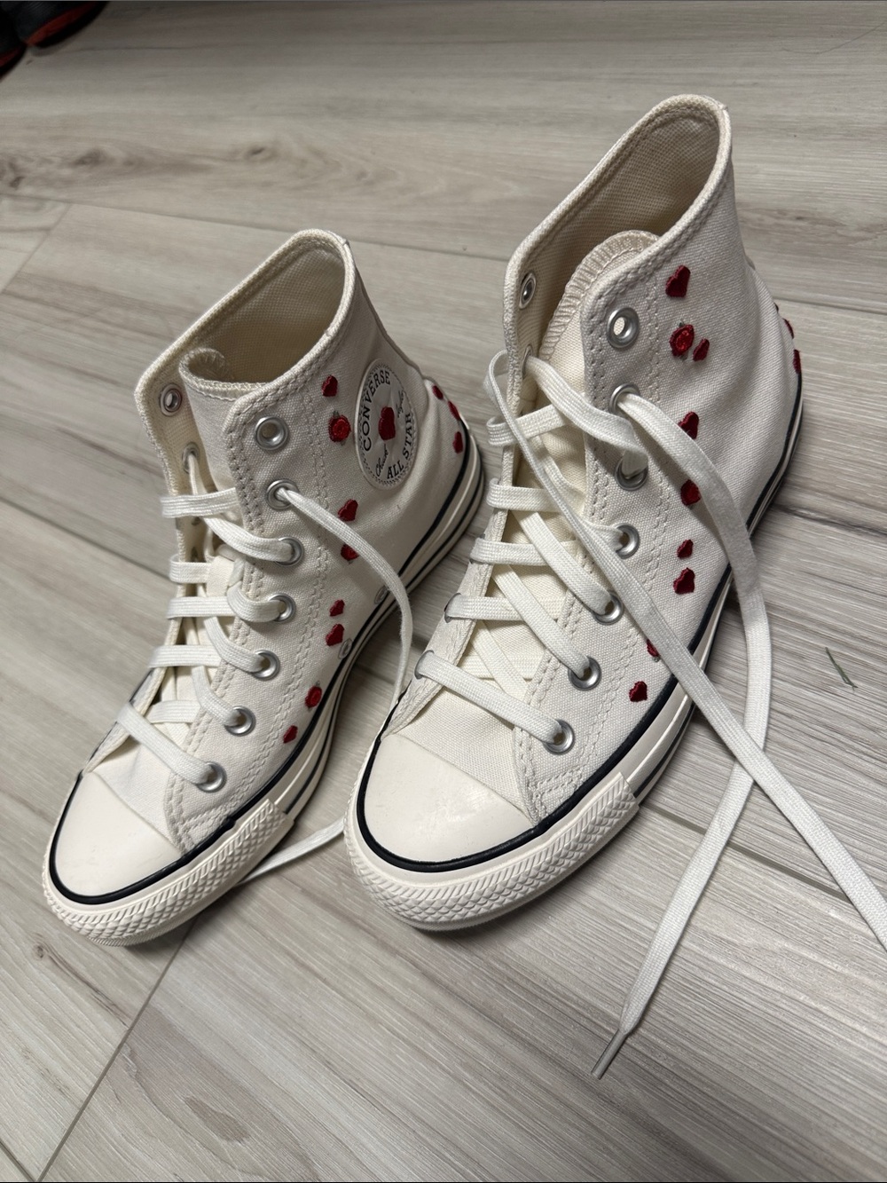 Converse High Top Sneakers - Cream Canvas with Red Heart Accents